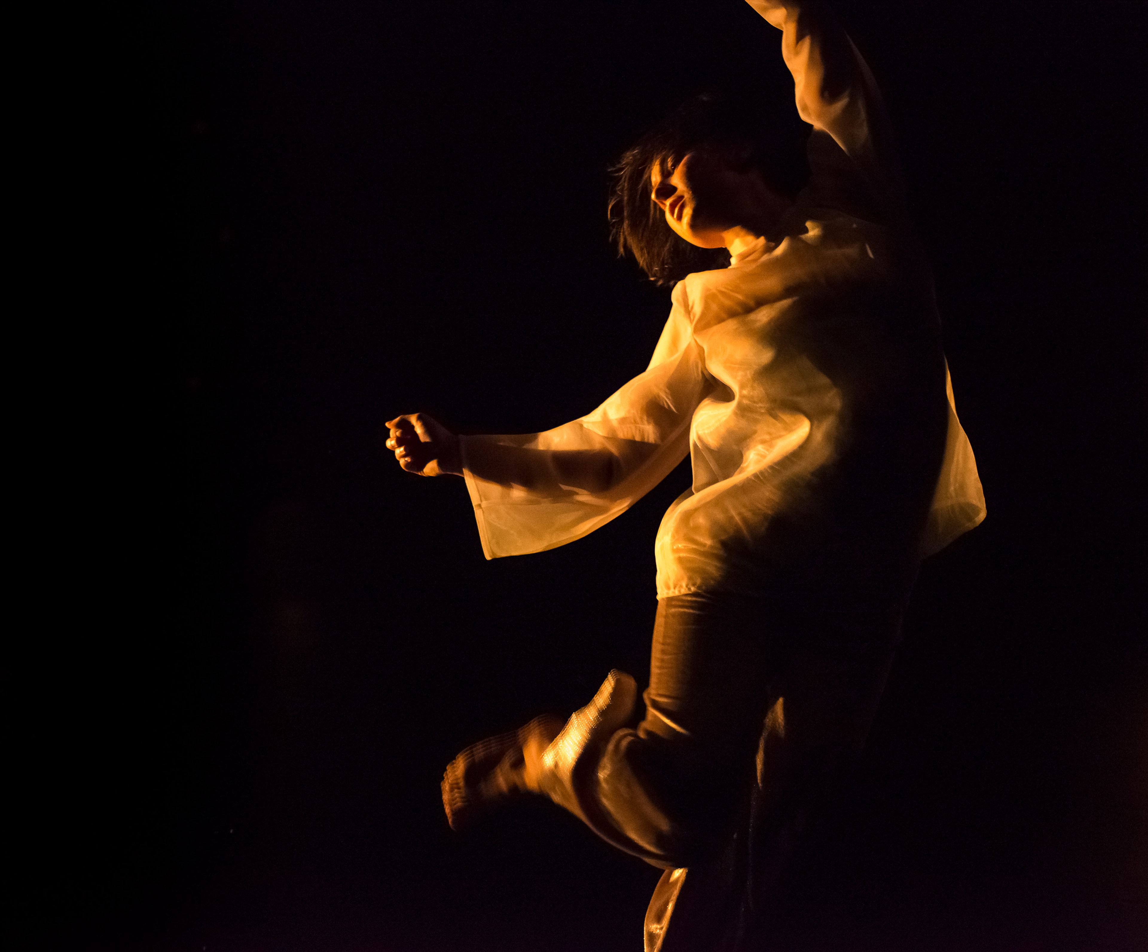 Dancer mid-movement, illuminated by warm golden light against a dark background. The performer wears a flowing, semi-transparent top