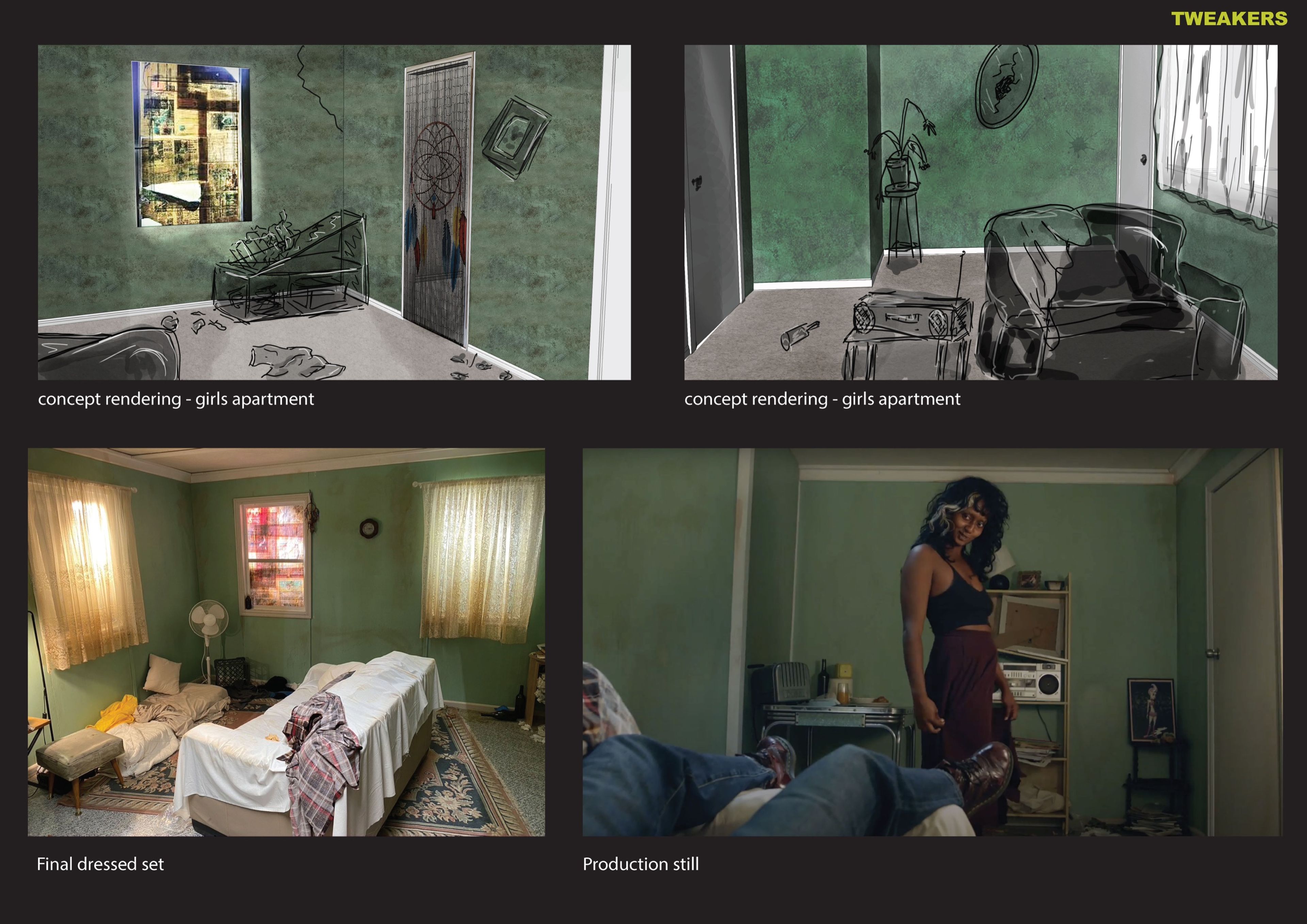 A collage showing set design progress: concept sketches of a green-walled apartment, the dressed set with furniture and props, and a production still featuring a character in the finished scene.