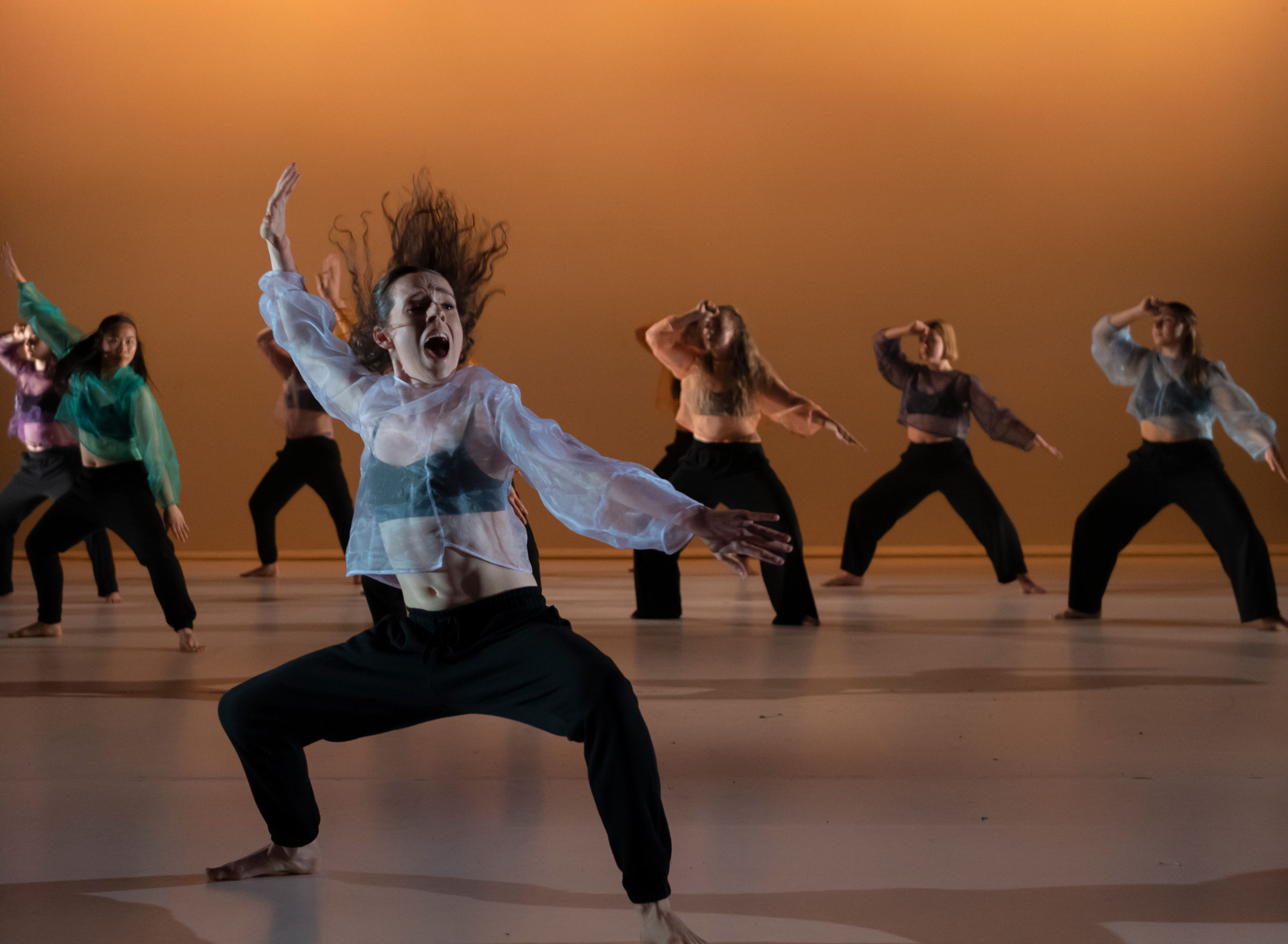 Dancers wearing flowy, translucent tops and dark pants. The lead performer, mid-motion, exudes energy and emotion, with their hair flying, against a warmly lit background