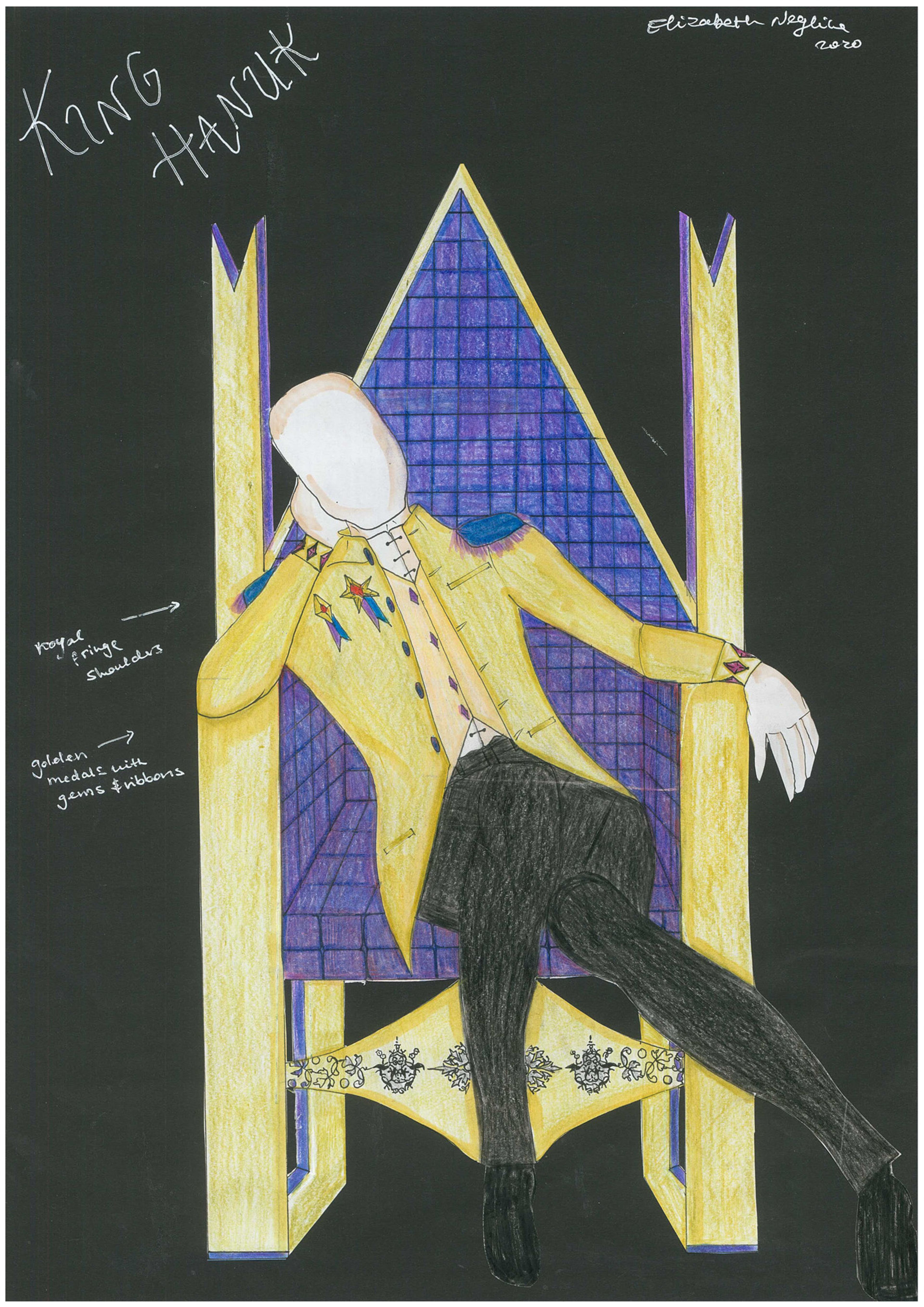 A costume sketch titled "King Hamlet" shows a faceless figure on a gold and purple throne, wearing a yellow jacket with blue epaulets, medals, and black pants.