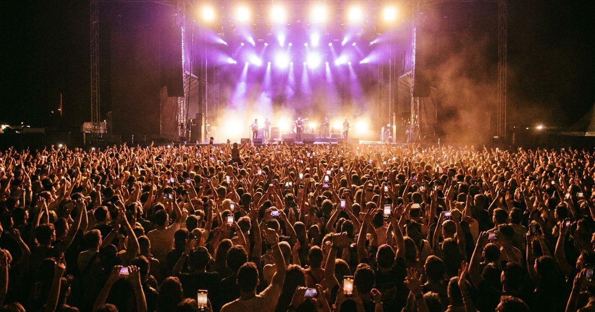 Crowded concert with artists playing on stage