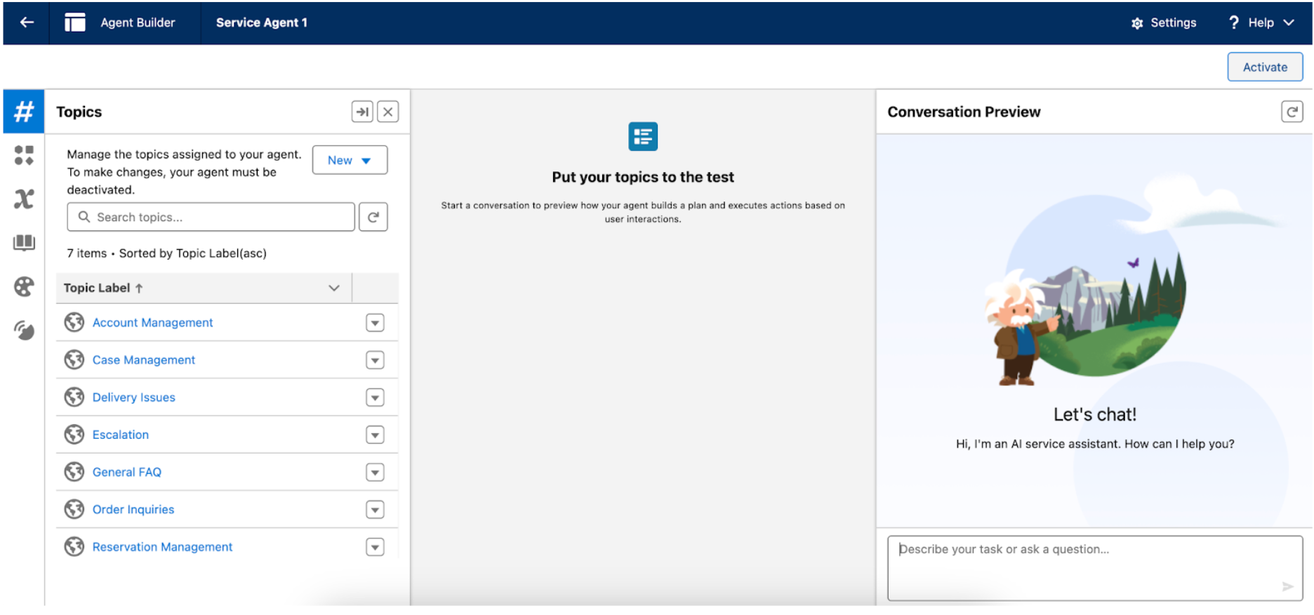 Users can create and customize their AI agents in the Agent Builder with instructions in natural language. Image: Salesforce