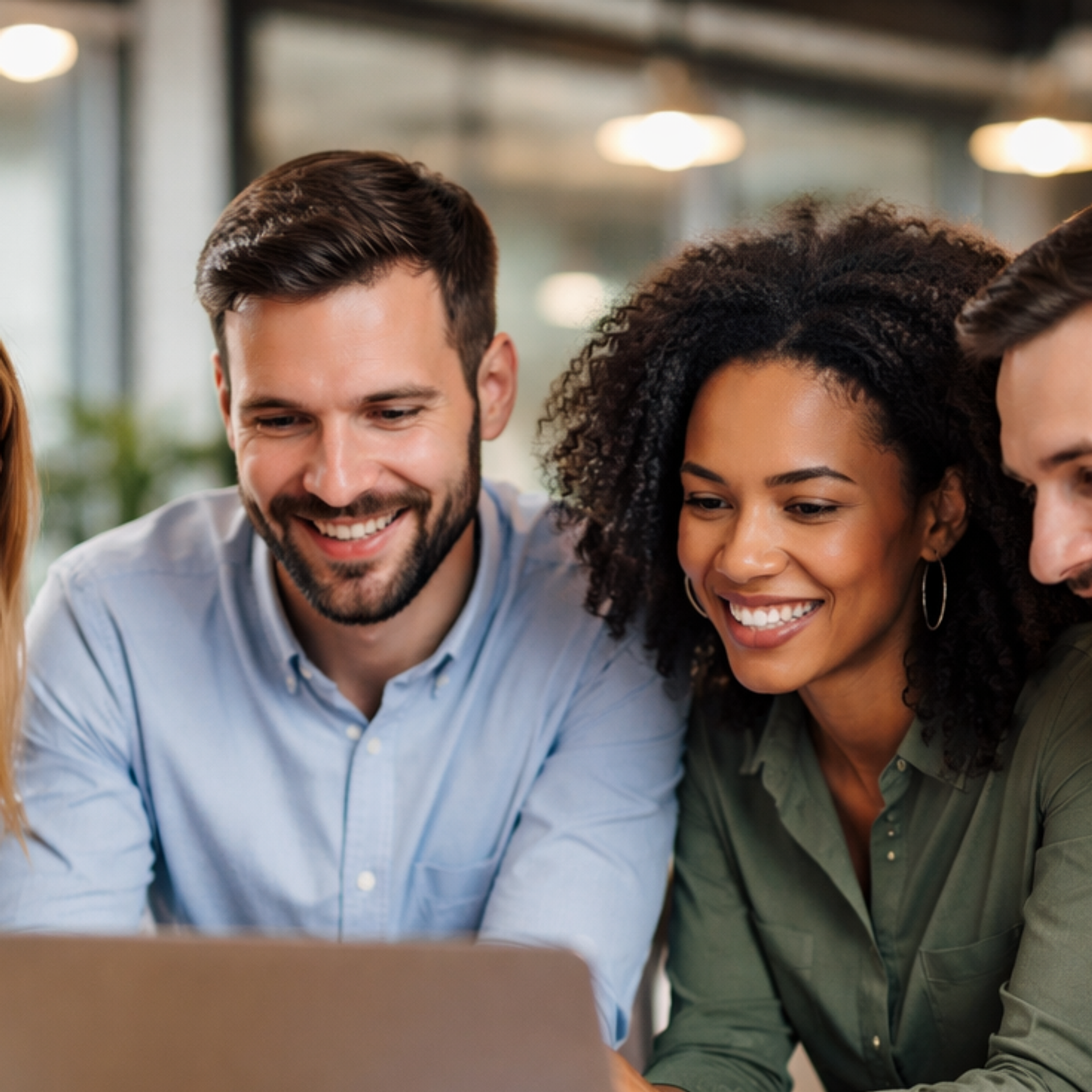 Group of people discussing at a laptop