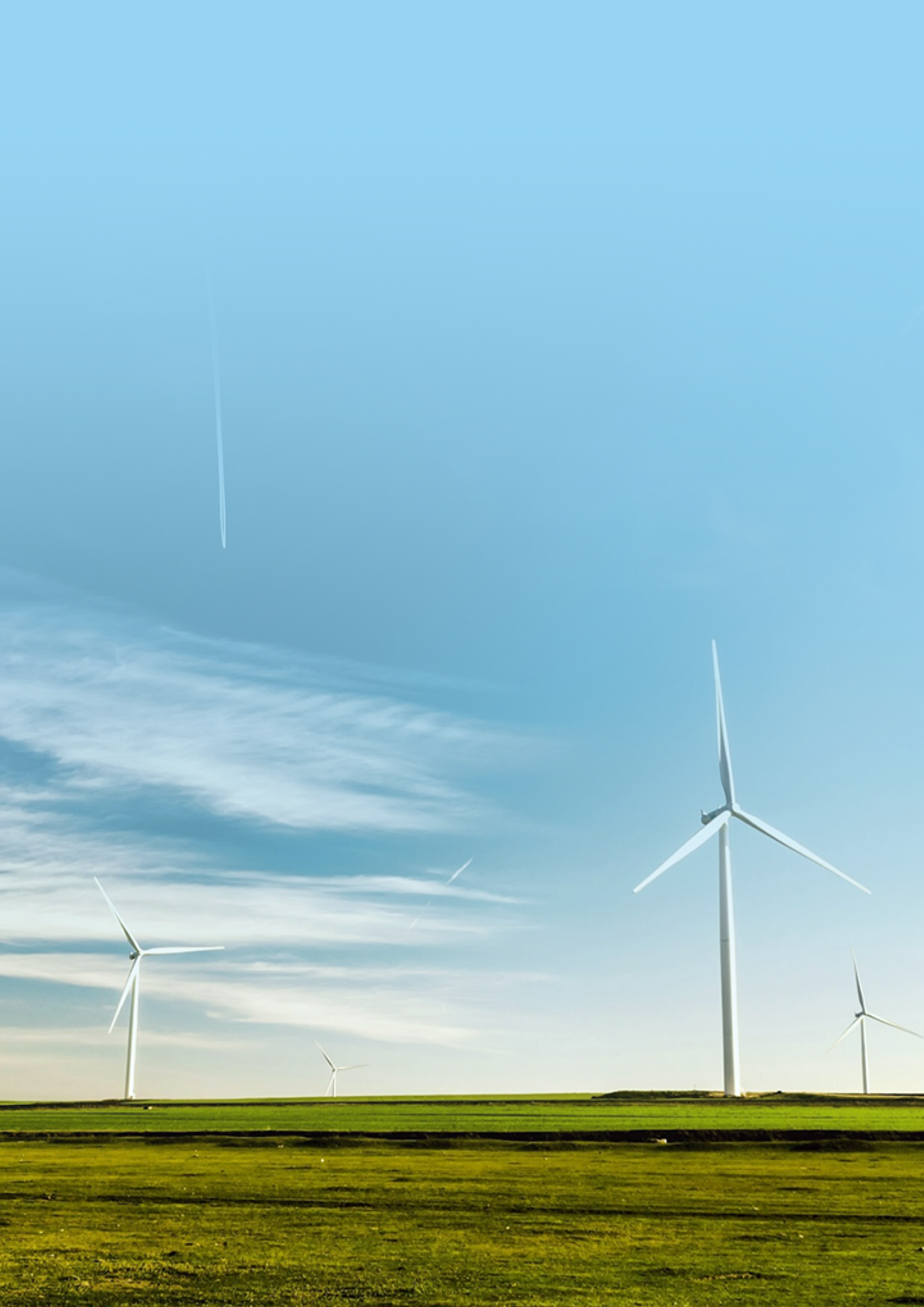 Grünes Feld mit Windrädern.
