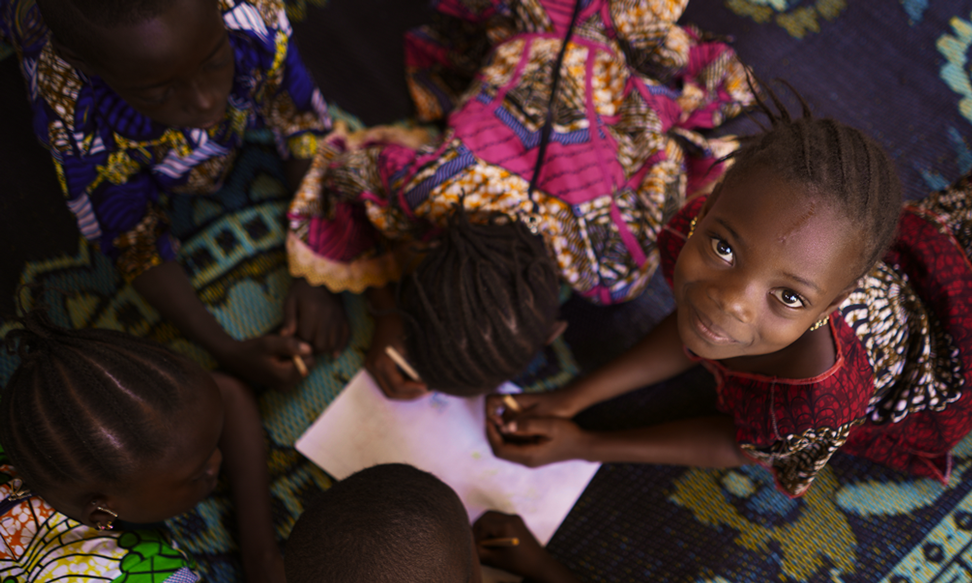A girl is sitting on the floor and looking up at the camera.