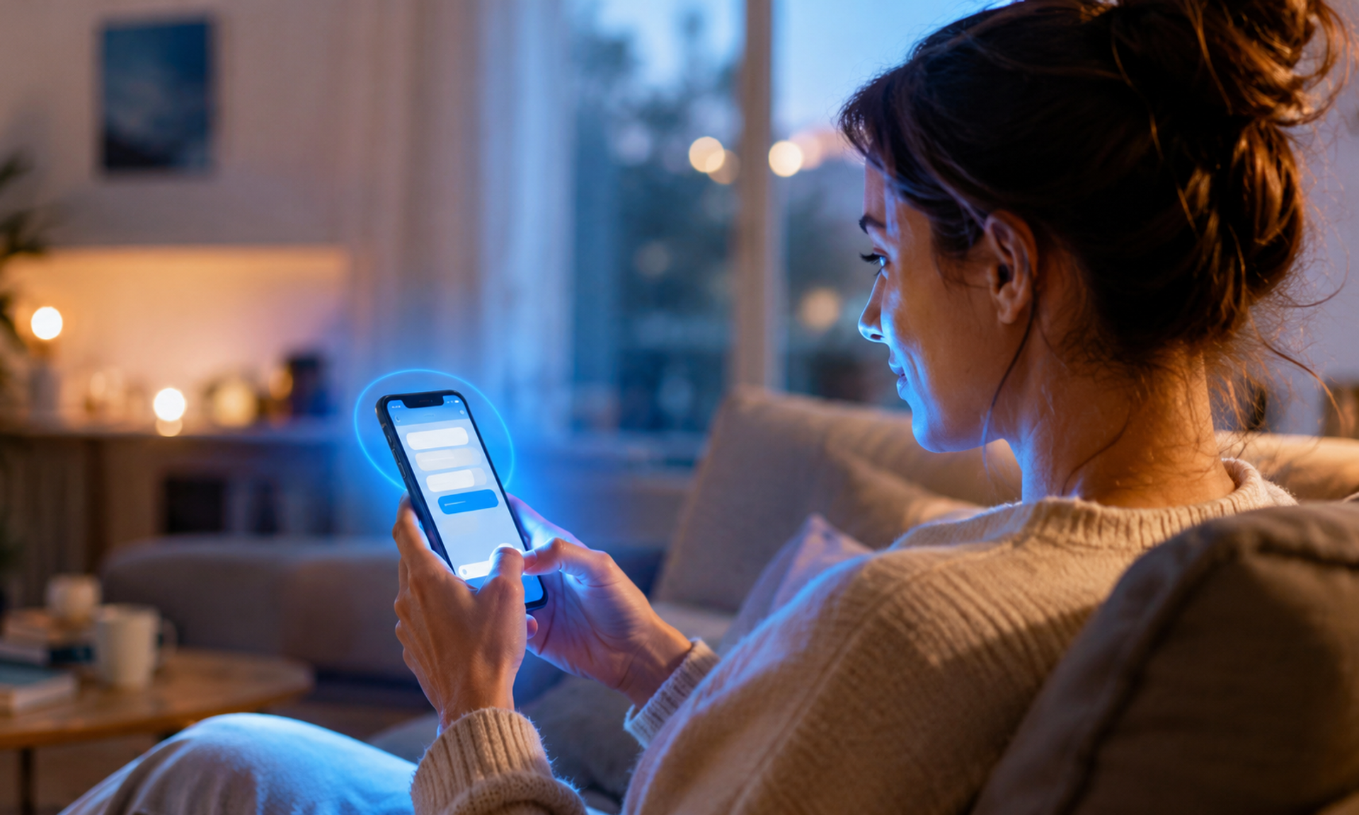 A person types a message on their smartphone in the evening