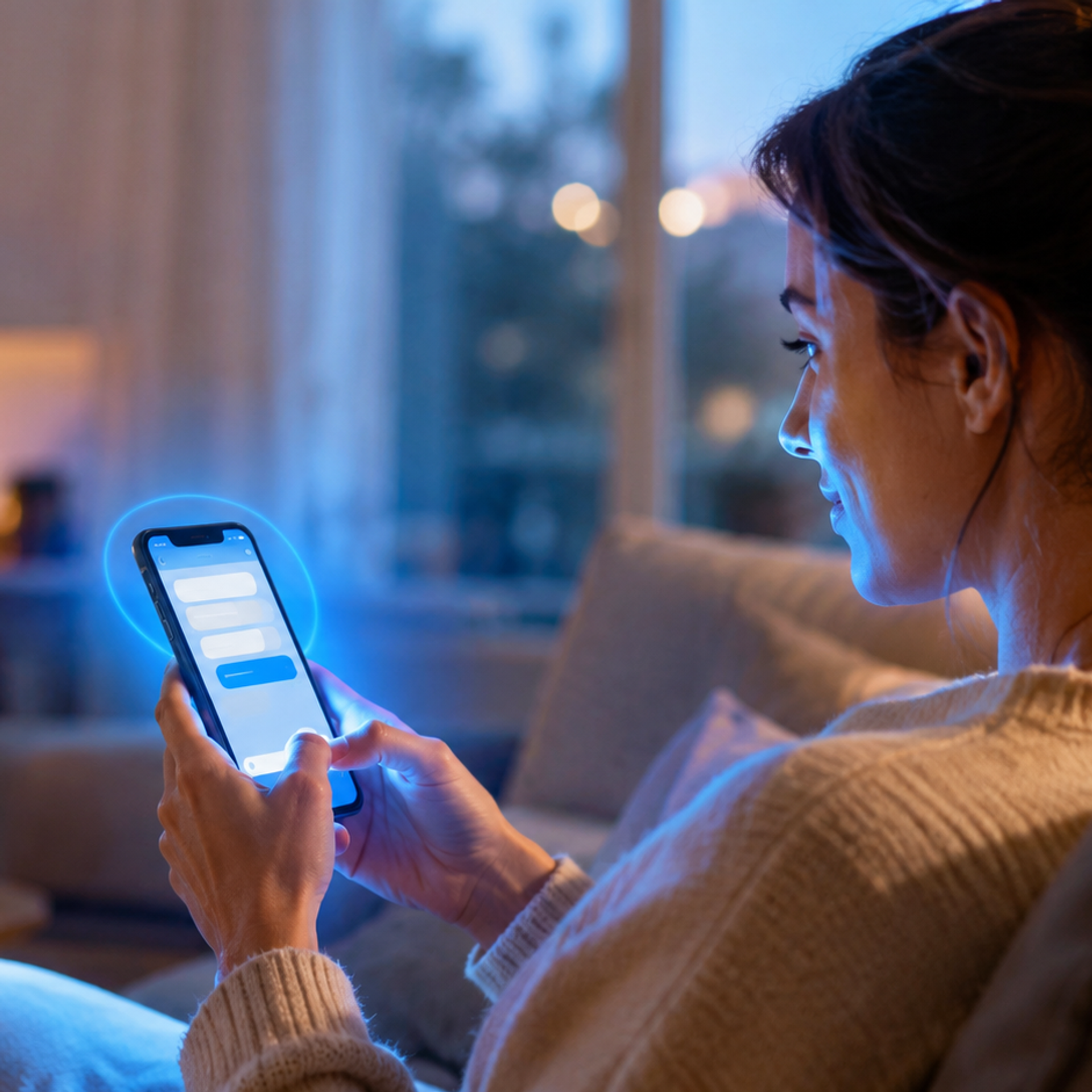 Person tippt abends eine Nachricht auf dem Smartphone