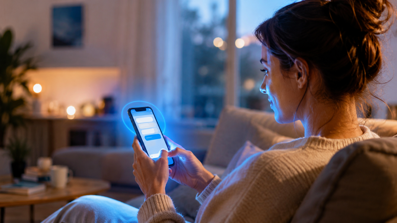 Person tippt abends eine Nachricht auf dem Smartphone