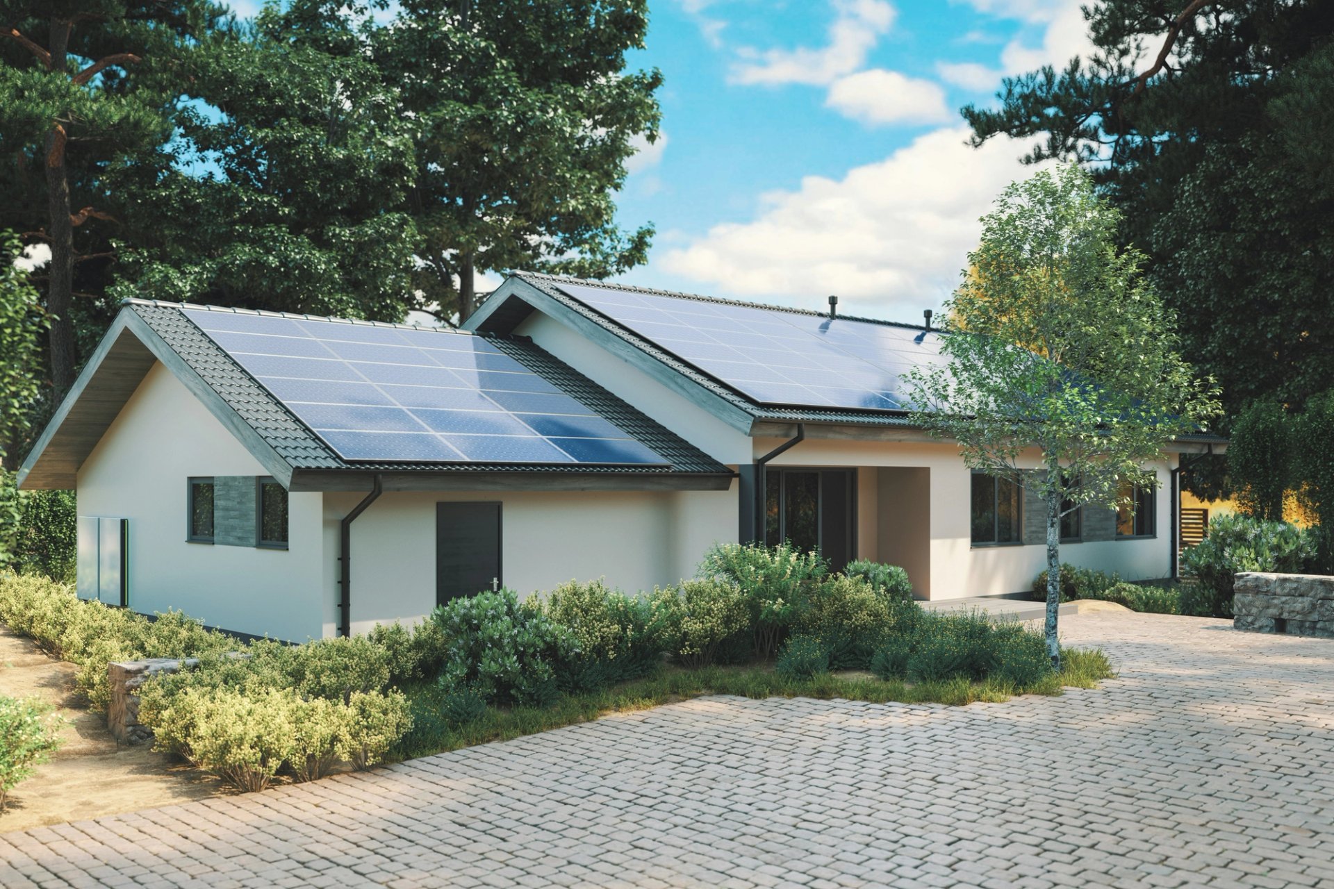 A detached house with solar panels on the roof.