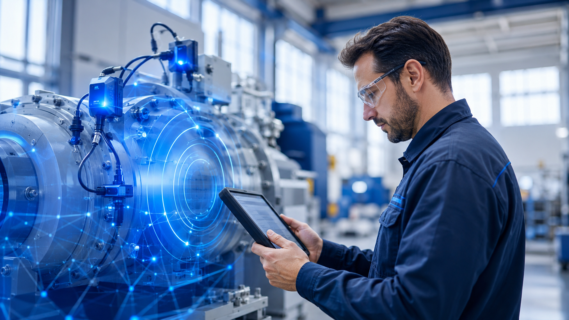 Ein Techniker untersucht eine Industriemaschine mit Signal to Service. 