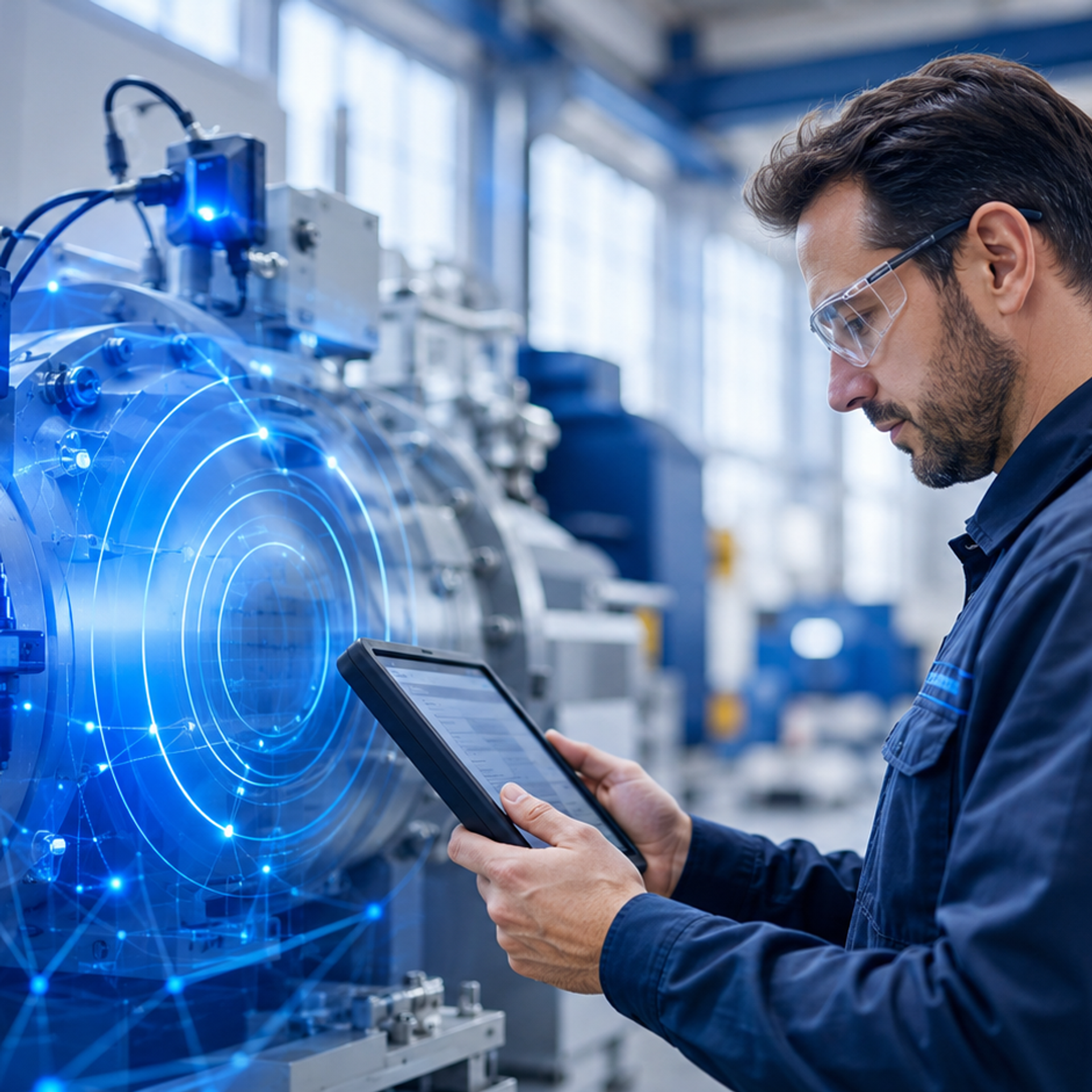 Ein Techniker untersucht eine Industriemaschine mit Signal to Service.