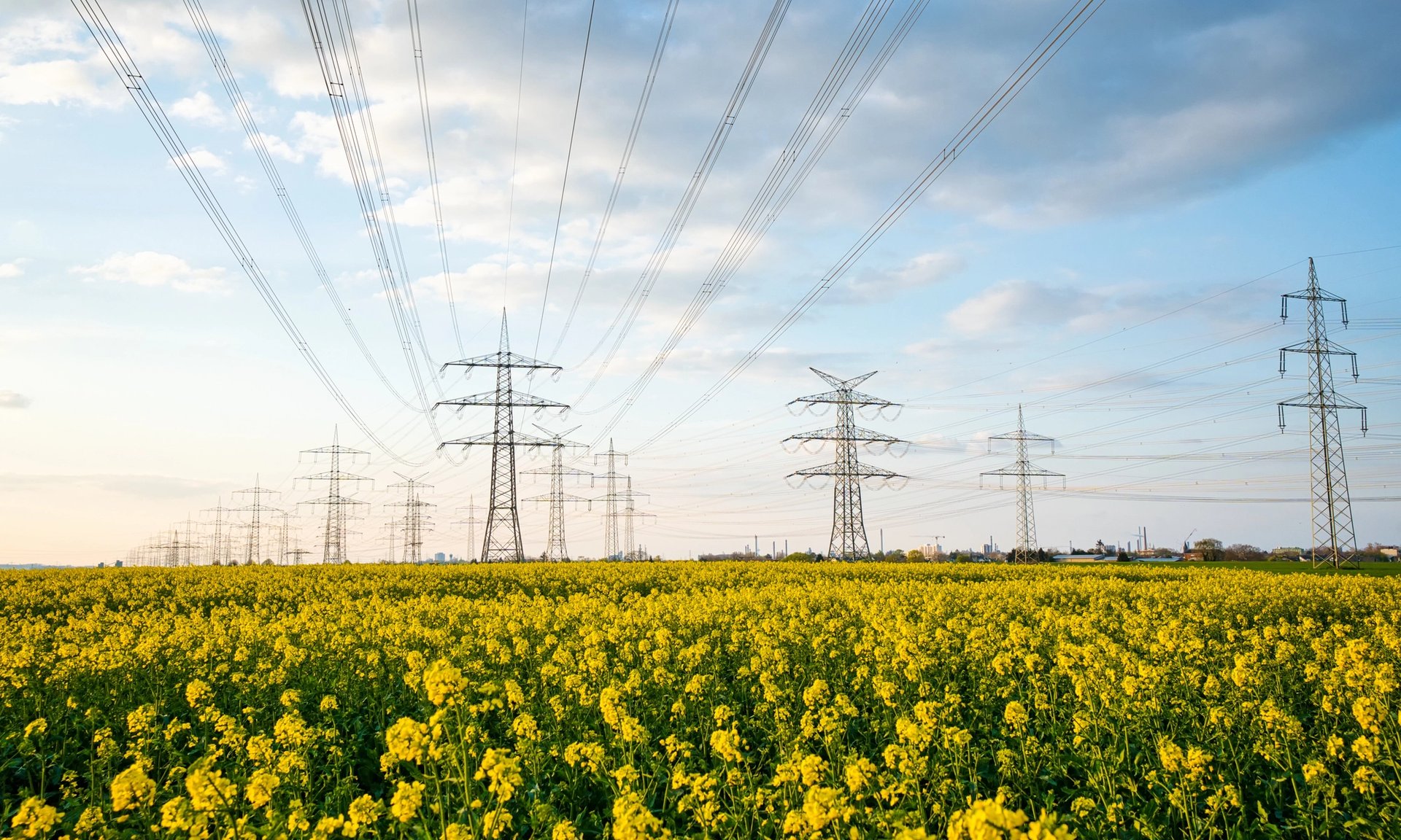 Arbeiter steht zwischen Windrädern und Solaranlage.