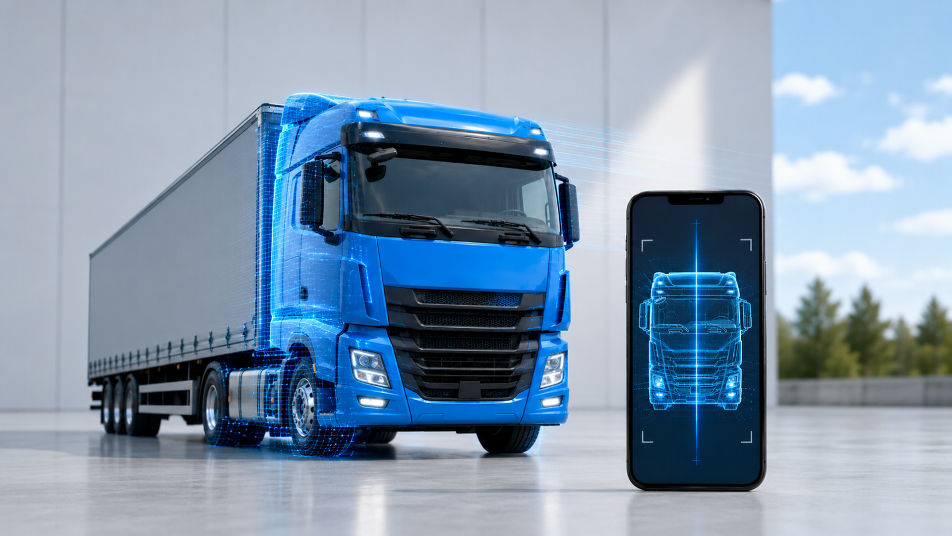 Ein blauer LKW wird von Fleet Intelligence gescannt. 