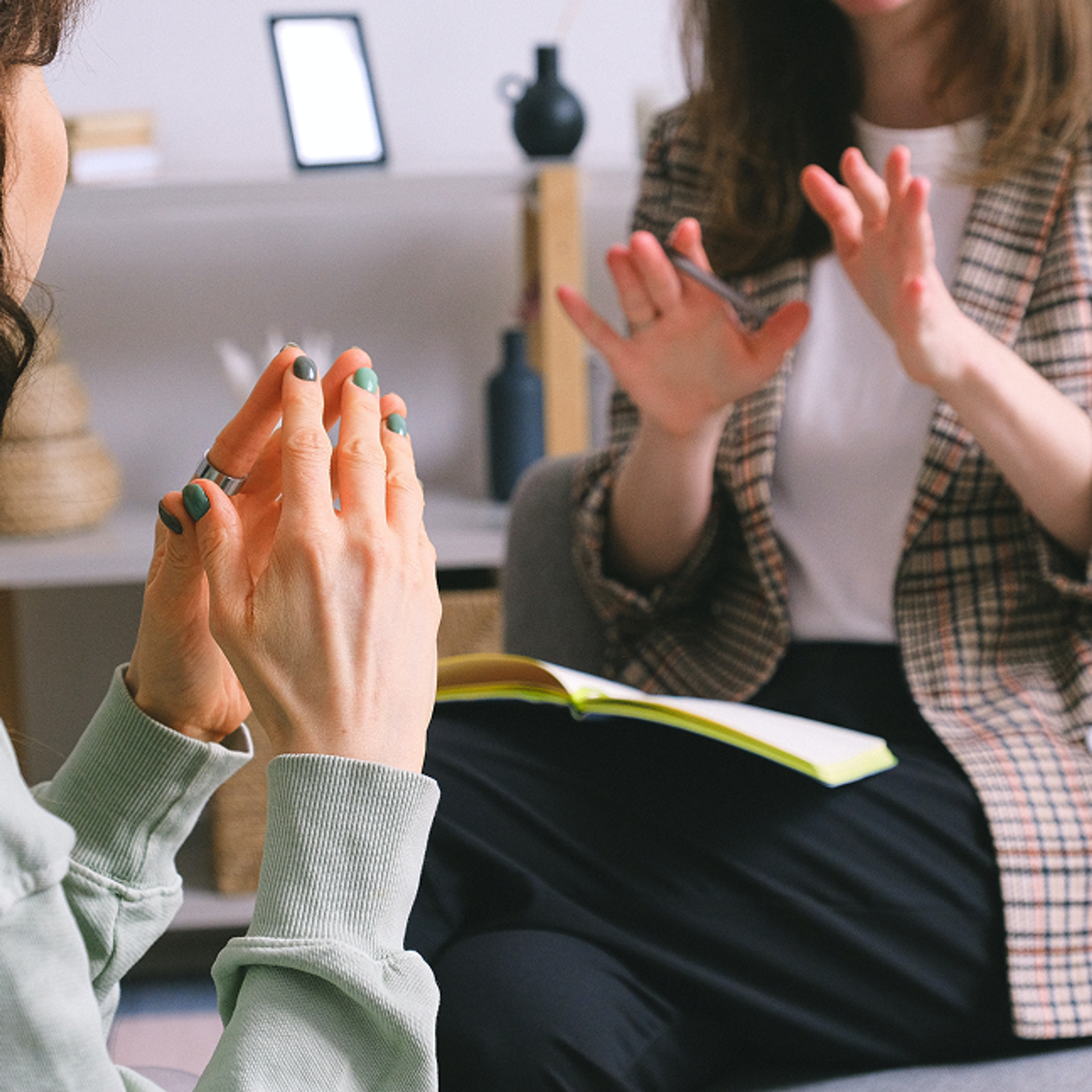 Zwei Frauen sitzen sich gegenüber, gestikulieren und sprechen.
