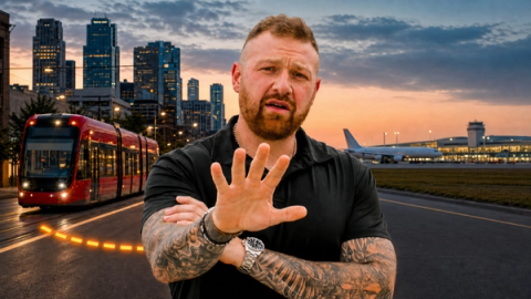 Michael Morris raises a stop hand between an operating Kansas City streetcar and Kansas City International Airport while an orange route line stops before the airport.