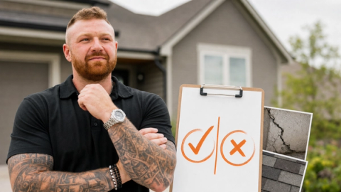 Michael Morris considers check-or-X inspection-response options beside foundation and roof-condition images.