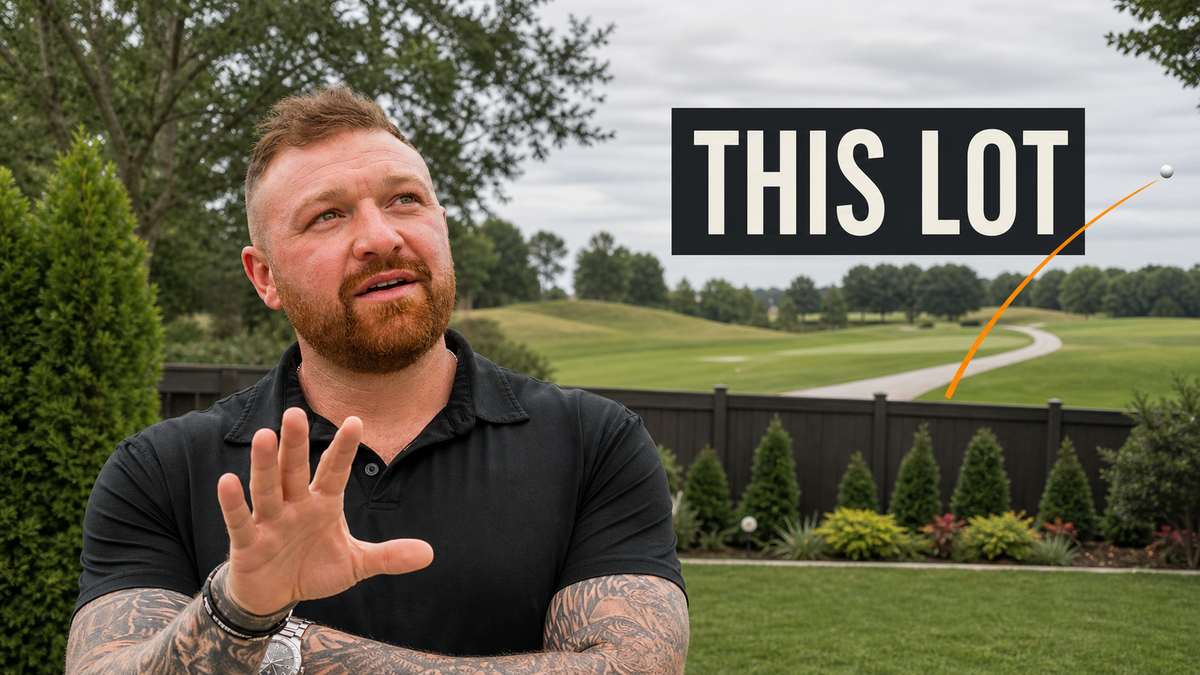 Michael Morris stands on a golf lot beside an orange golf-ball trajectory and the words “THIS LOT.”