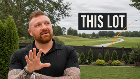 Michael Morris stands on a golf lot beside an orange golf-ball trajectory and the words “THIS LOT.”