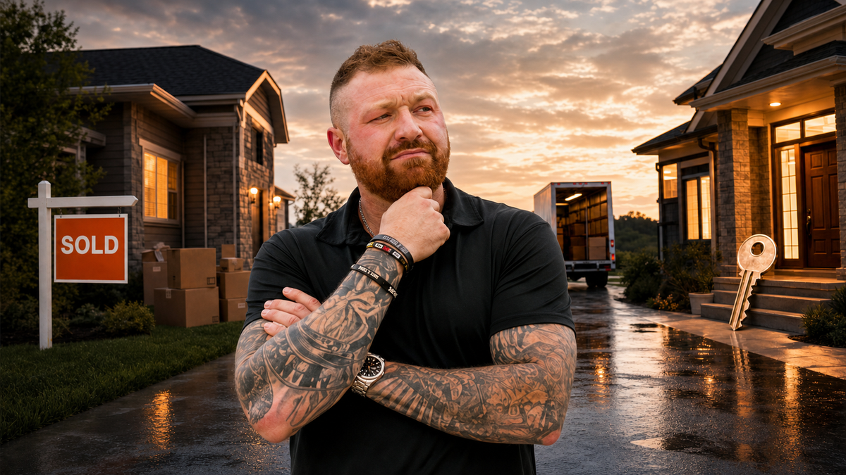 Michael Morris compares a sold home and moving boxes with a next-home key, illustrating the decision involved in selling and buying at the same time in the Kansas City Northland.