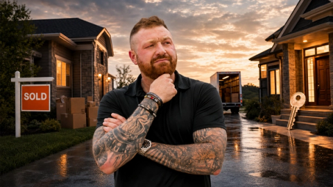 Michael Morris compares a sold home and moving boxes with a next-home key, illustrating the decision involved in selling and buying at the same time in the Kansas City Northland.
