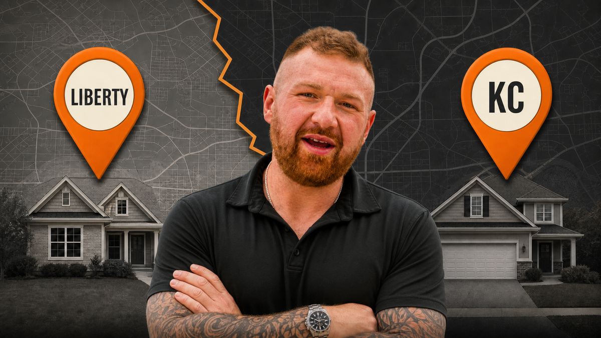 Michael Morris compares Liberty and Kansas City housing areas on a dark map with orange location pins.