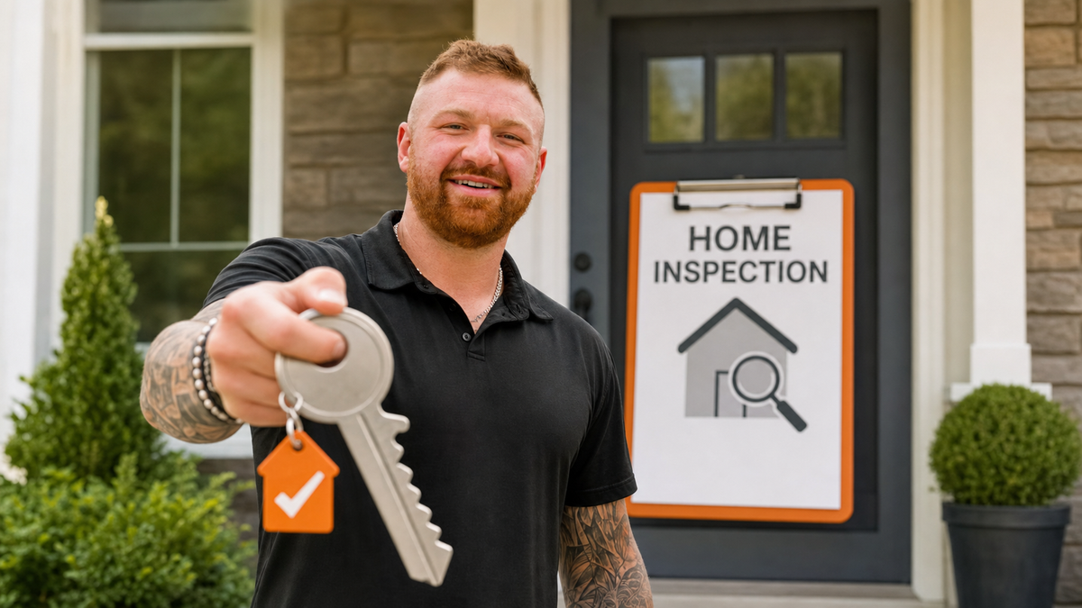 Michael Morris holds an oversized house key beside an inspection clipboard, illustrating due diligence for a first-time Kansas City Northland home purchase.