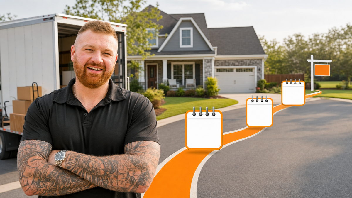 Michael Morris beside a Northland home and moving truck with an orange path through blank calendar blocks to a for-sale sign.