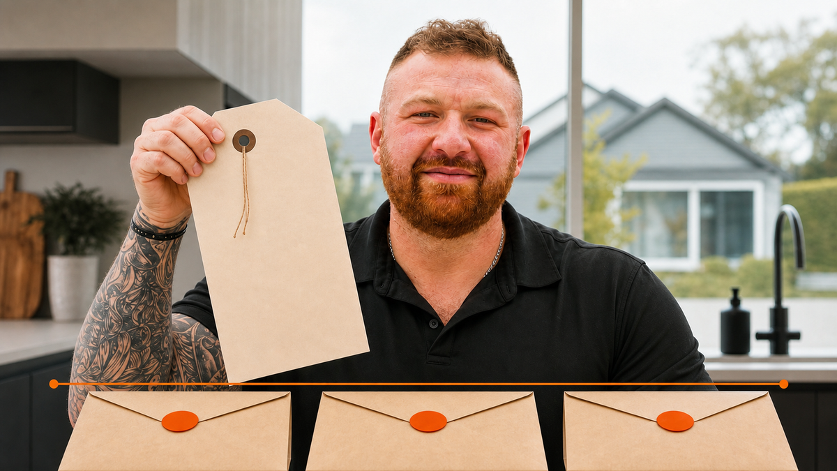 Michael Morris lowers a home price tag toward real buyer offer envelopes, illustrating that the market sets the price.