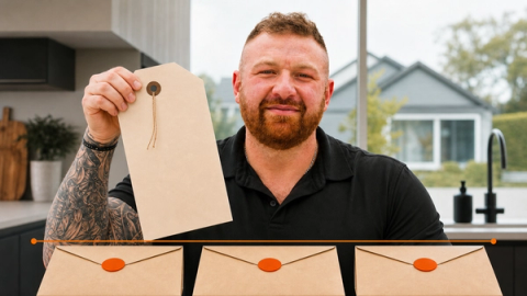 Michael Morris lowers a home price tag toward real buyer offer envelopes, illustrating that the market sets the price.