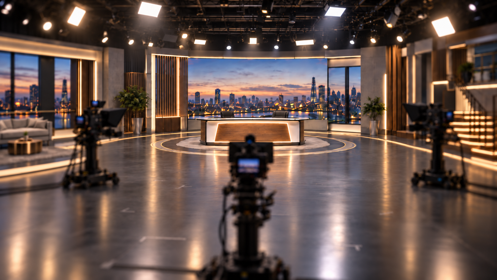 Custom live casino studio with illuminated scenery and furniture