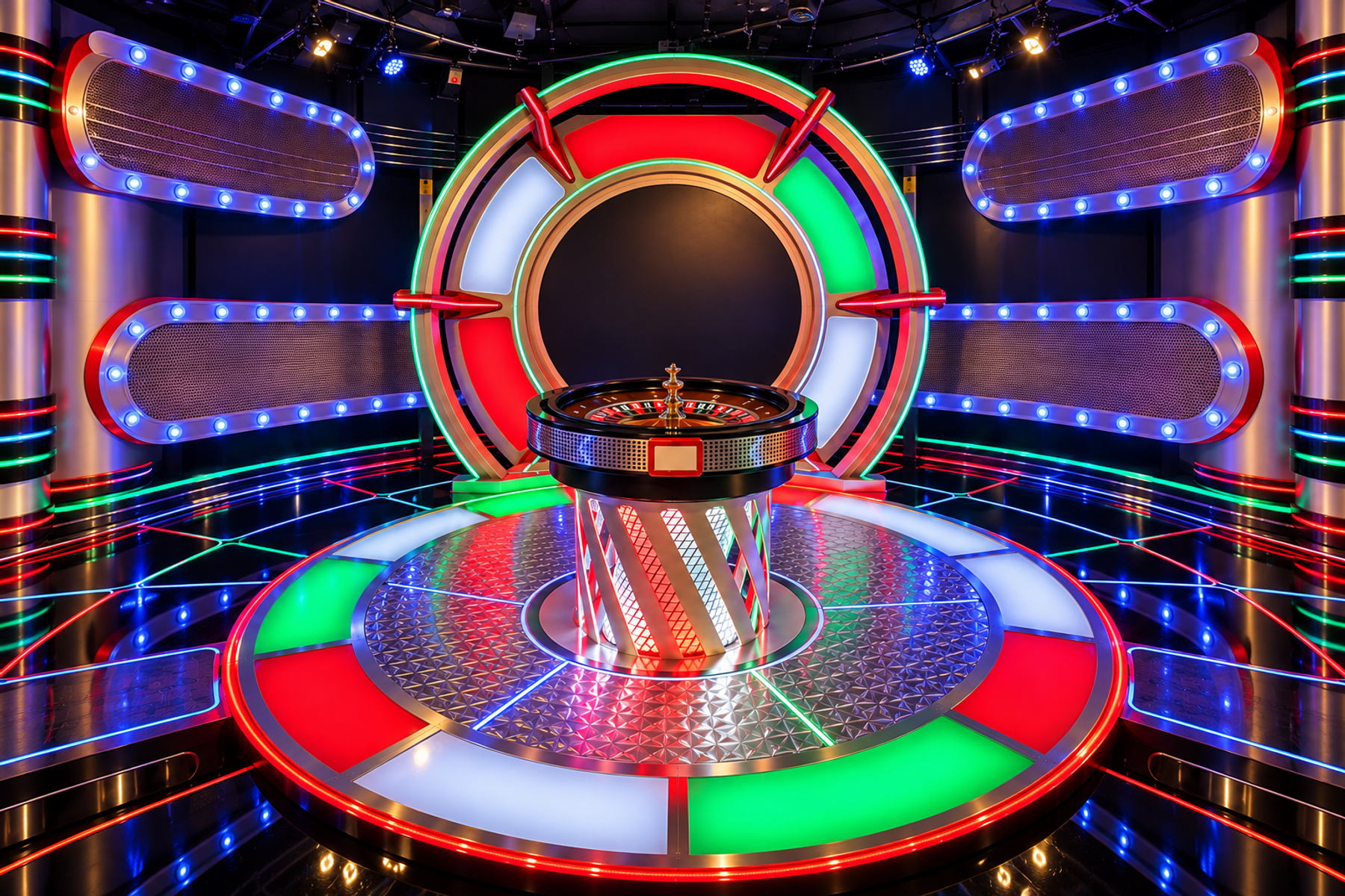 Integrated lighting illuminating studio scenery and gaming furniture
