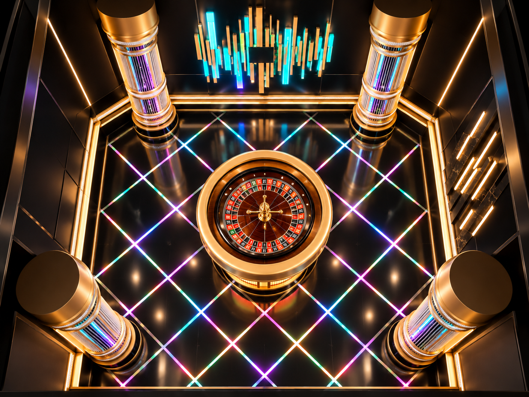 Radially brushed stainless-steel floor and central podium in a roulette studio