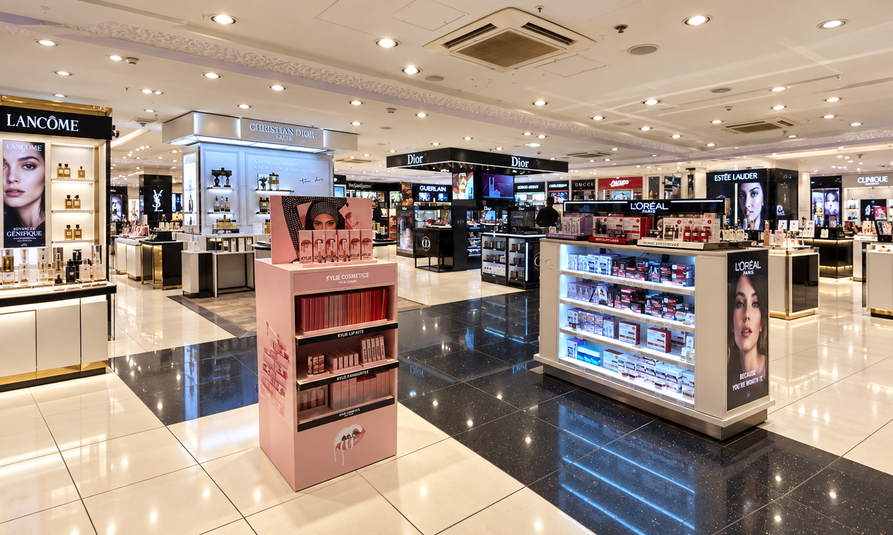 Branded display with illuminated product shelving
