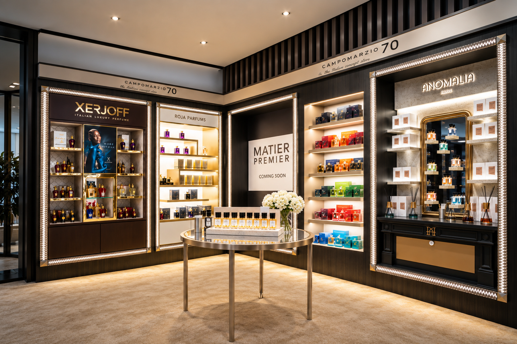 ANOMALIA Paris retail fixture with gold framing and illuminated shelves