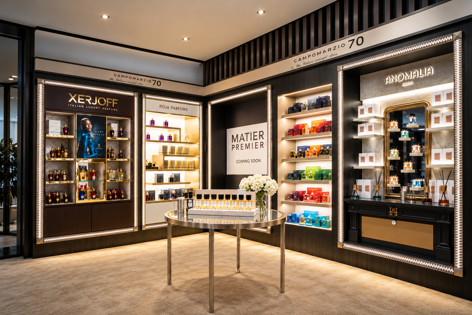 ANOMALIA Paris retail fixture with gold framing and illuminated shelves