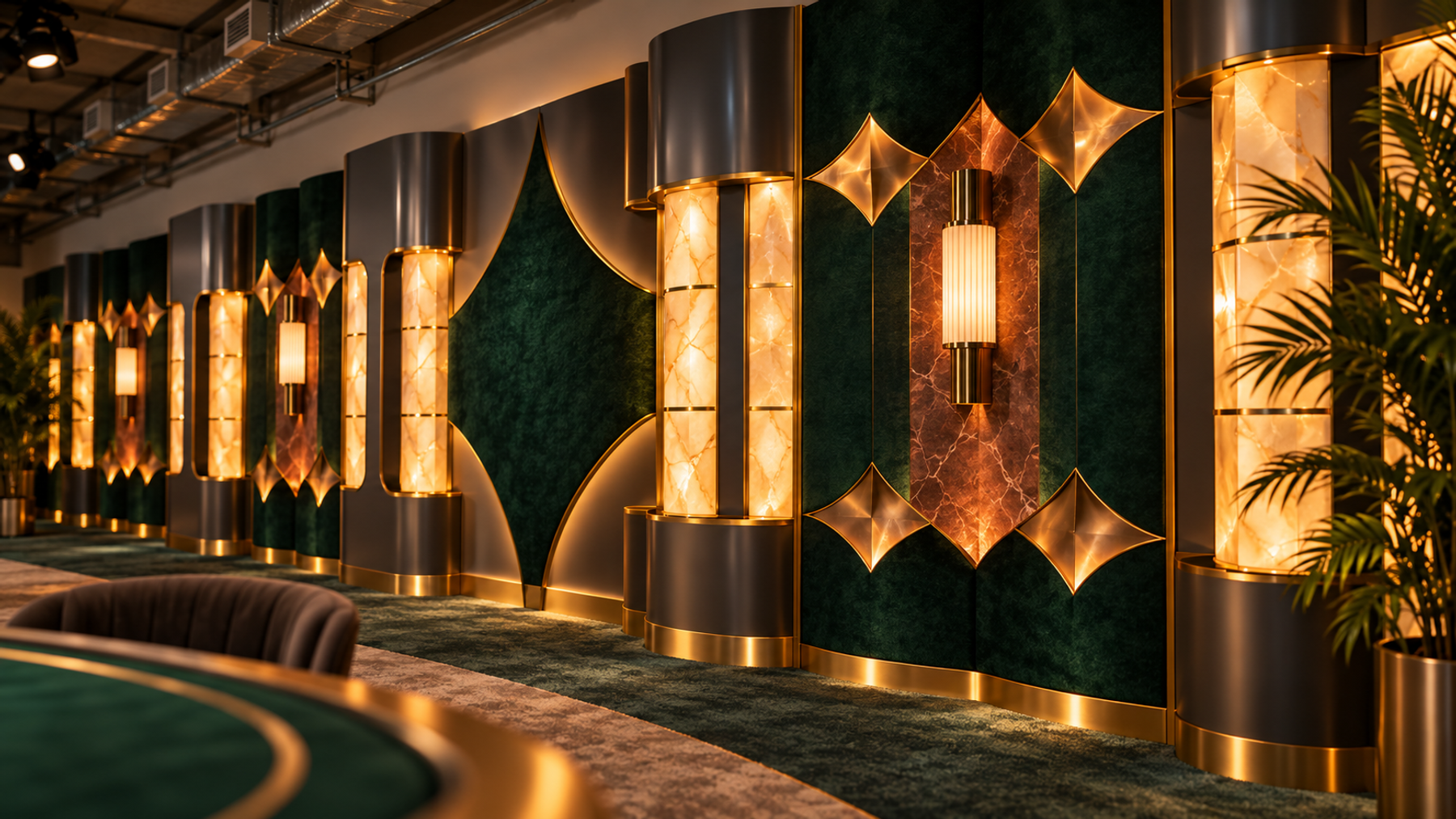 Live studio with layered illuminated scenery and curved tables