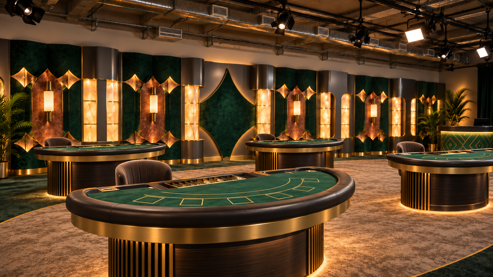 Live studio with layered illuminated scenery and curved tables