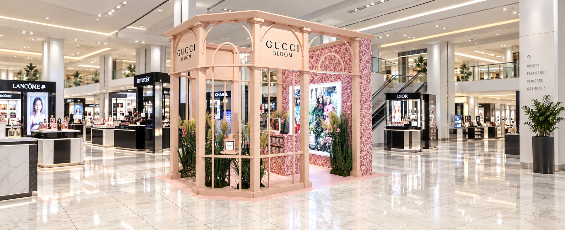 Gucci Bloom pop-up structure with arches, panels and integrated displays
