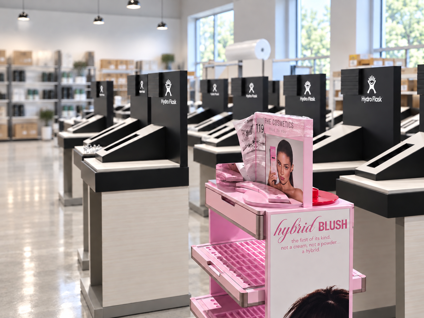 Series of green Marc Jacobs product displays with floral graphics