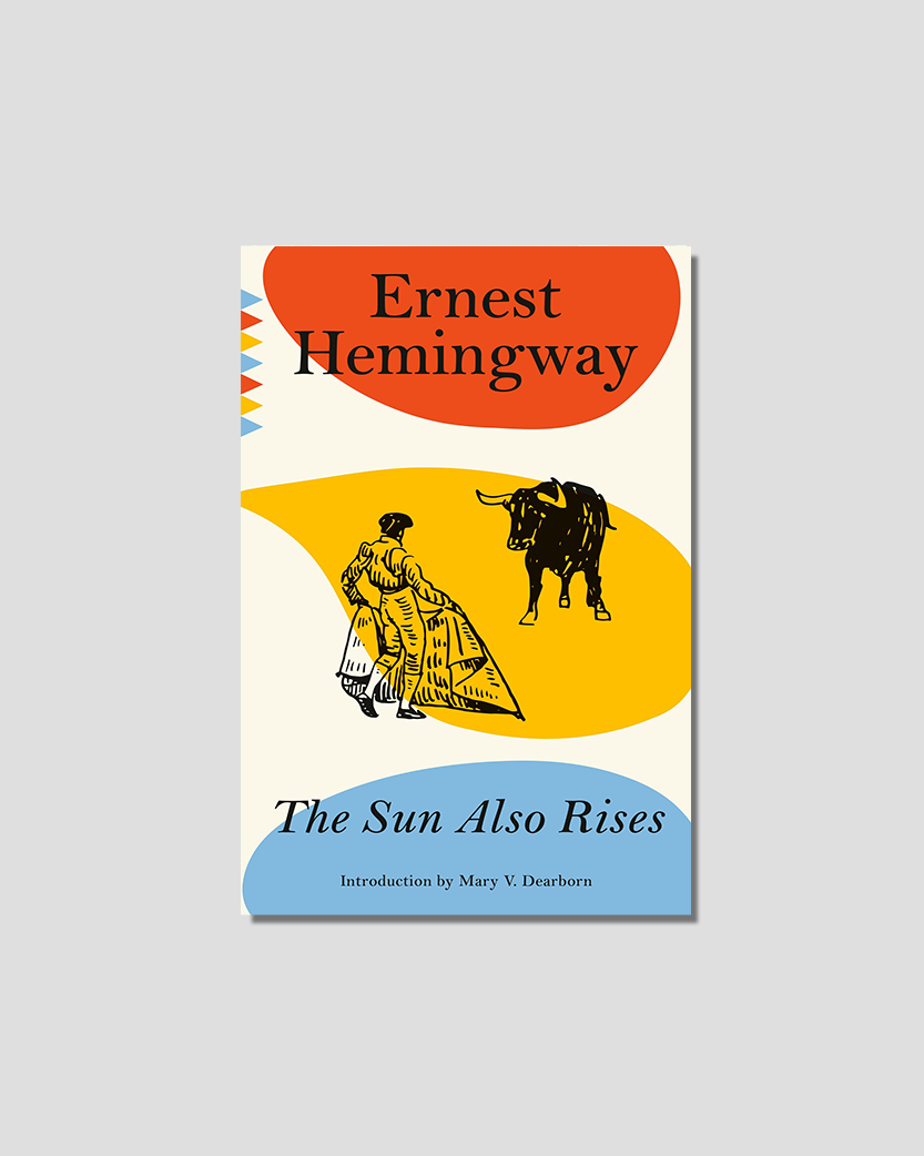Book cover for Ernest Hemingway's "The Sun Also Rises," with a stylized illustration of a matador and a bull against orange, yellow, and blue shapes.