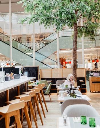 A bright, modern restaurant and bar with a large indoor tree, dining tables, and a woman seated, with escalators in the background.