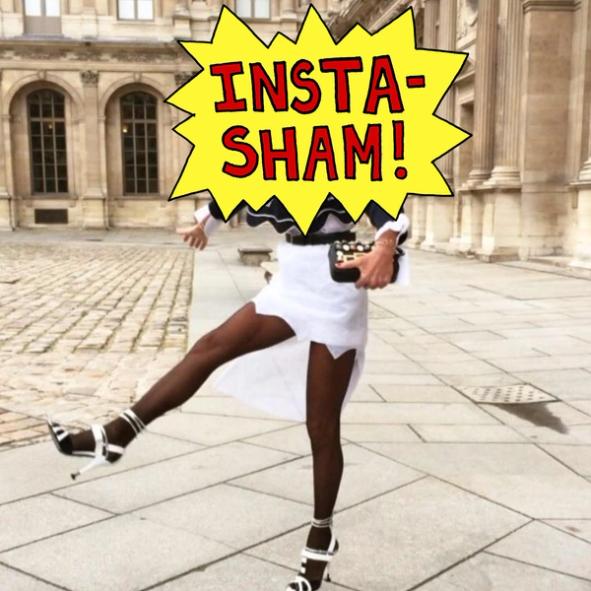 A person in a white dress, black tights, and black and white heels poses dynamically in front of an ornate building. A yellow "INSTA-SHAM!" speech bubble replaces their head.