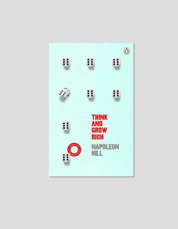 The book cover for Napoleon Hill's "Think and Grow Rich" features eight white dice, mostly showing six pips, on a light blue background with the title in red.
