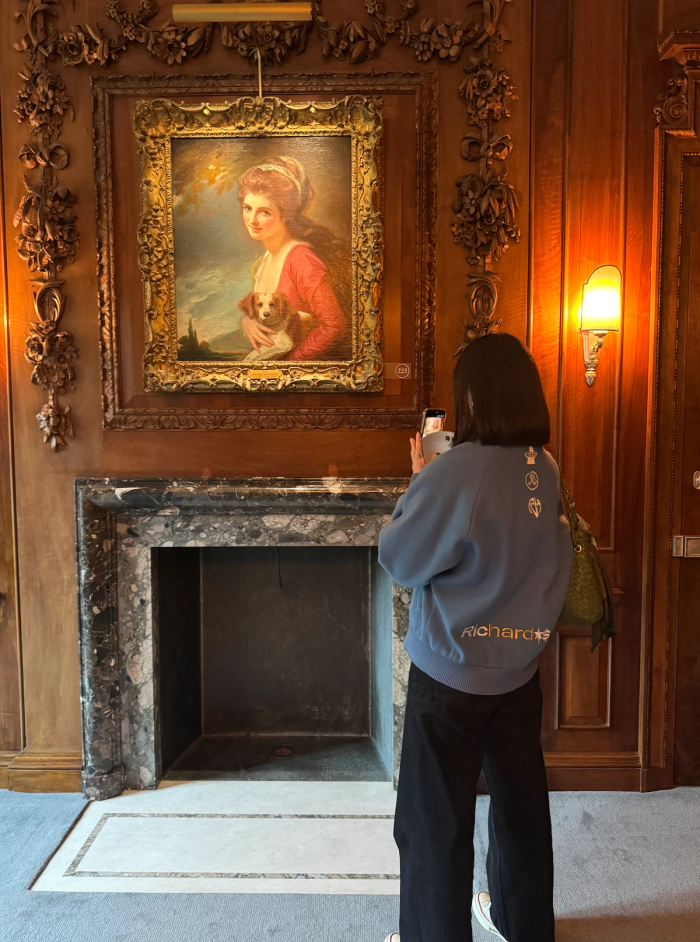 A person photographs a portrait of a woman holding a puppy, displayed above a fireplace in an ornate, wood-paneled room.