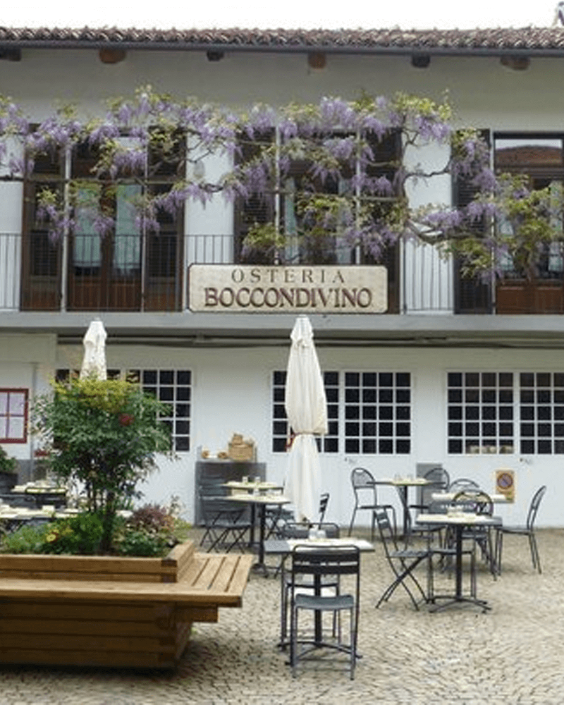 Outdoor patio of Osteria Boccondivino with wisteria vines, tables, chairs, and umbrellas.