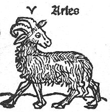 Black and white woodcut illustration of a ram, with the Aries zodiac glyph and "Aries" text above.