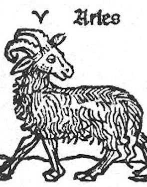 Black and white woodcut illustration of a ram, with the Aries zodiac glyph and "Aries" text above.