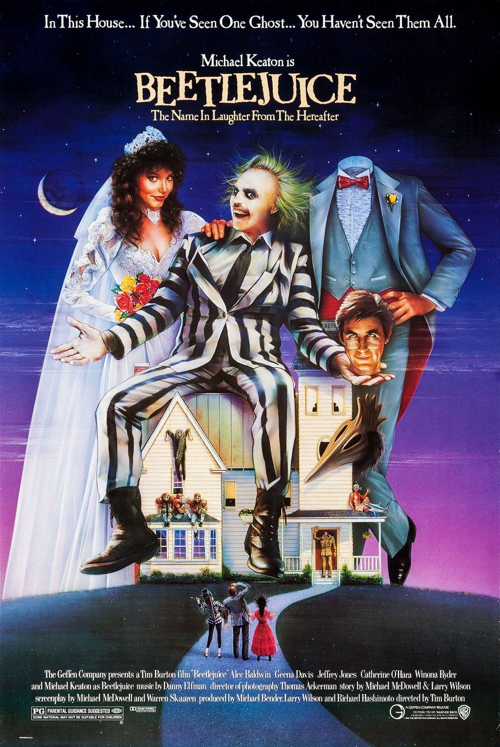 The Beetlejuice movie poster: A grinning man in a striped suit, a bride, and a headless groom tower over a distorted house, with the movie title "BEETLEJUICE" prominently displayed.