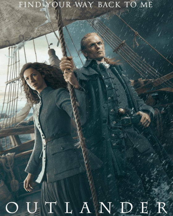 Outlander poster: A man and woman stand on a ship in a storm with crashing waves. The man holds a rope. Text reads 'FIND YOUR WAY BACK TO ME' and 'OUTLANDER'.