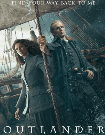 A man and woman stand on a stormy ship deck, both looking determined, with text "FIND YOUR WAY BACK TO ME" and "OUTLANDER".